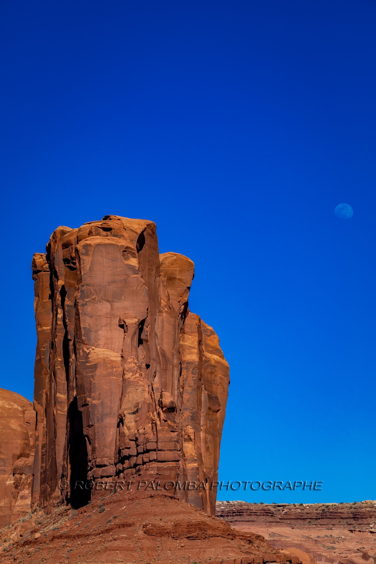 L'elephant Butte avec la lune à Monument Valley